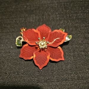 Poinsettia Brooch Pin Christmas Red Green Enamel Mesh Pedal Holiday Vintage 2.25